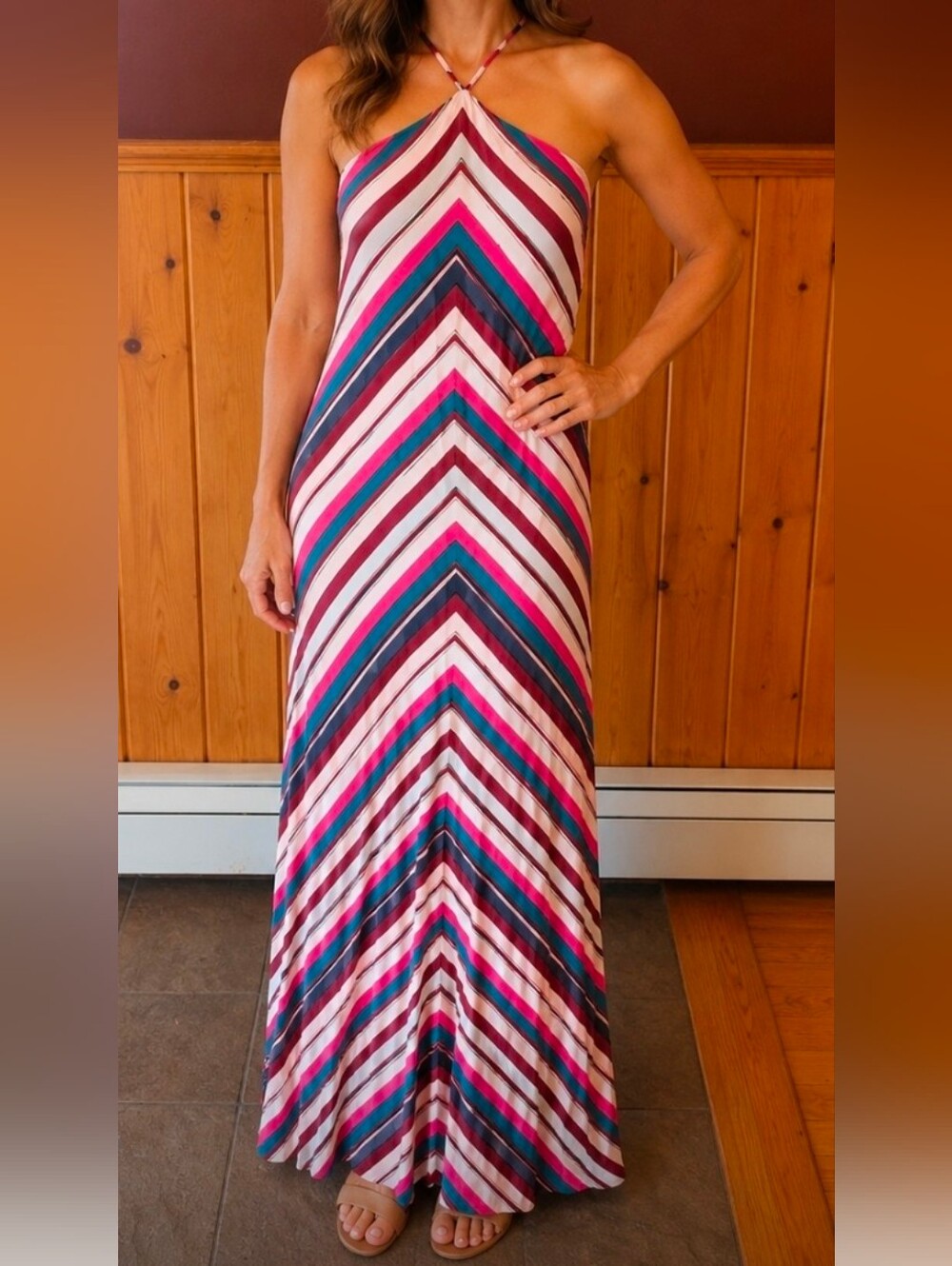 Ann Taylor Loft Chevron Halter Maxi Dress Sundress Pink Teal XS